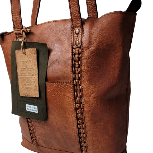 Vilenca Holland Anthropologie Cognac North South Stitch Woven Leather Tote - Picture 4 of 11